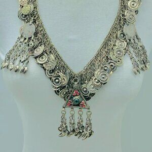 Tribal Kuchi Necklace, Silver Necklace With Dangling Tassels Exotic Collectible